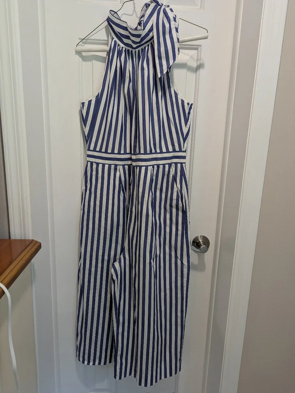 J.Crew Blue & White Striped Tie Neck Halter Jumpsuit | Size 6